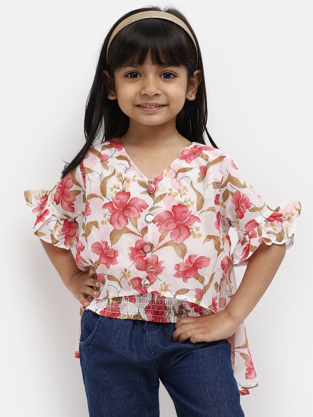 

V-Mart Girls Floral Printed V Neck Bell Sleeve Cotton Top, White