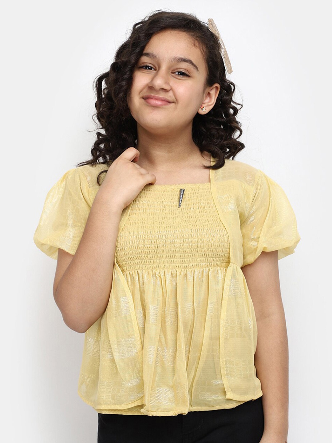 

V-Mart Self Design Puff Sleeves Smocked Chiffon Top, Mustard