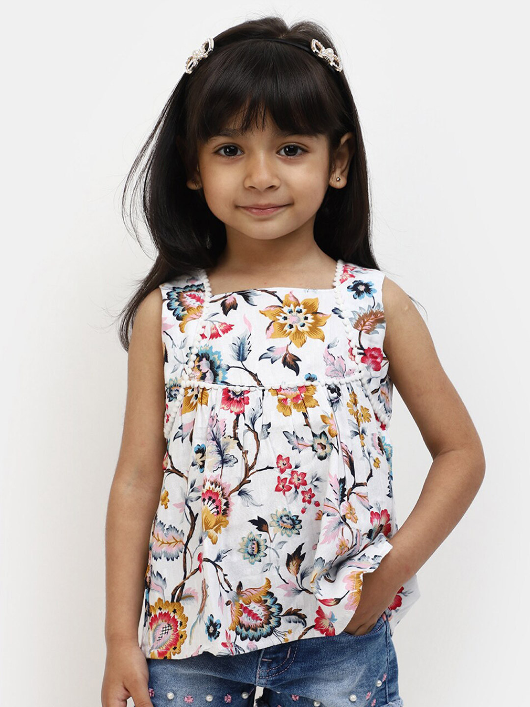 

V-Mart Girls Floral Printed Square Neck Top, White