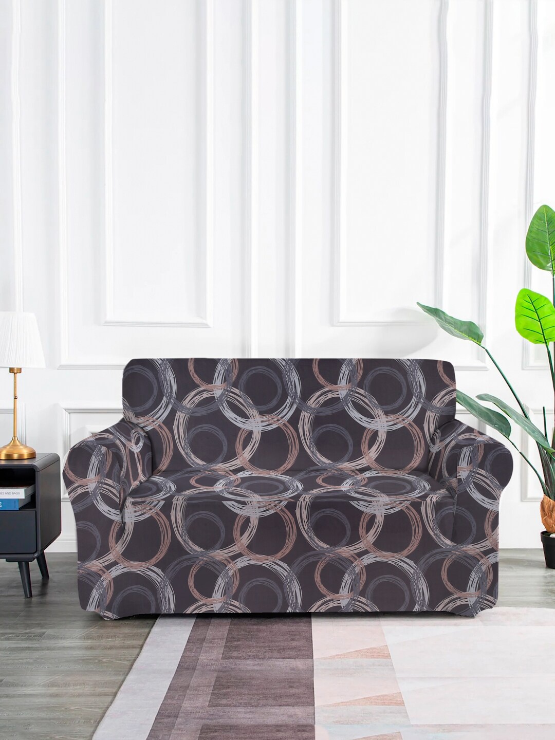 

MULTITEX Grey & Brown Geometric Printed Elasticated 2-Seater Sofa Cover