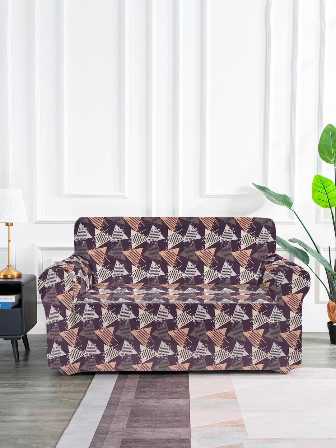 

MULTITEX Purple & White Geometric Printed Elasticated 2-Seater Sofa Cover, Brown
