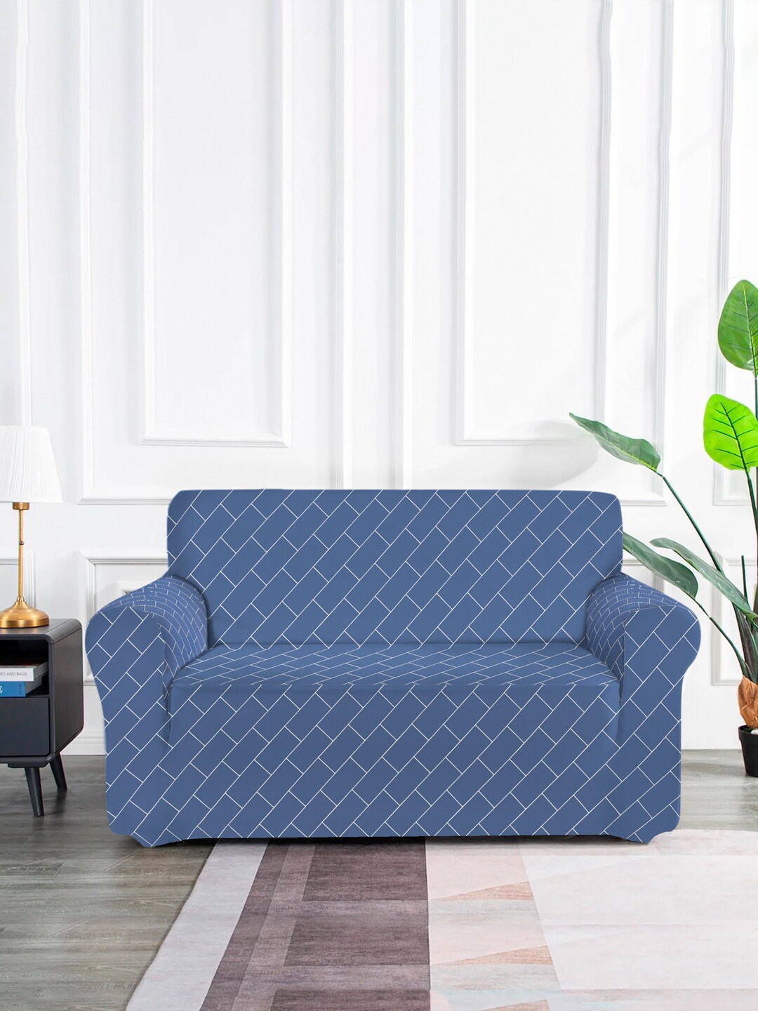 

MULTITEX Turquoise Blue & White Geometric Printed Elasticated 2-Seater Sofa Cover