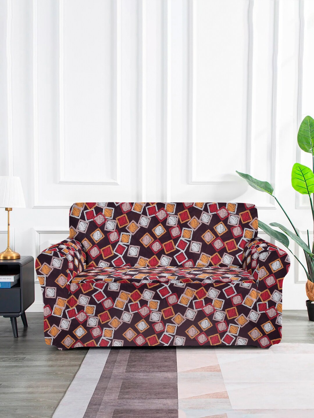 

MULTITEX Brown & Red Geometric Printed Elasticated 2-Seater Sofa Cover