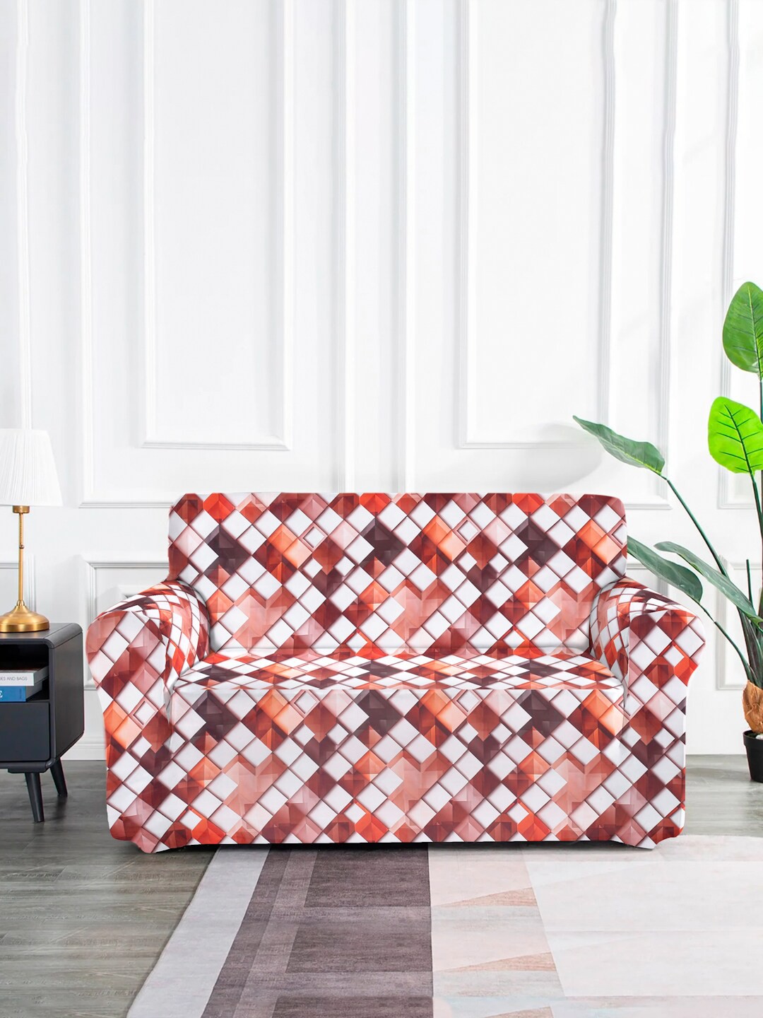 

MULTITEX Red & White Geometric Printed Elasticated 2-Seater Sofa Cover