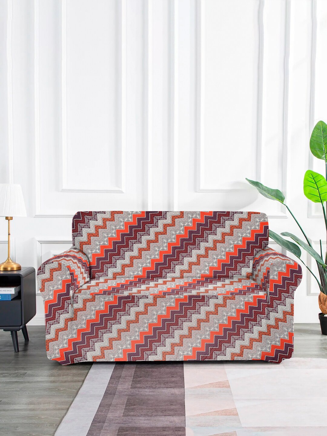 

MULTITEX Red & Purple Geometric Printed Elasticated 2-Seater Sofa Cover
