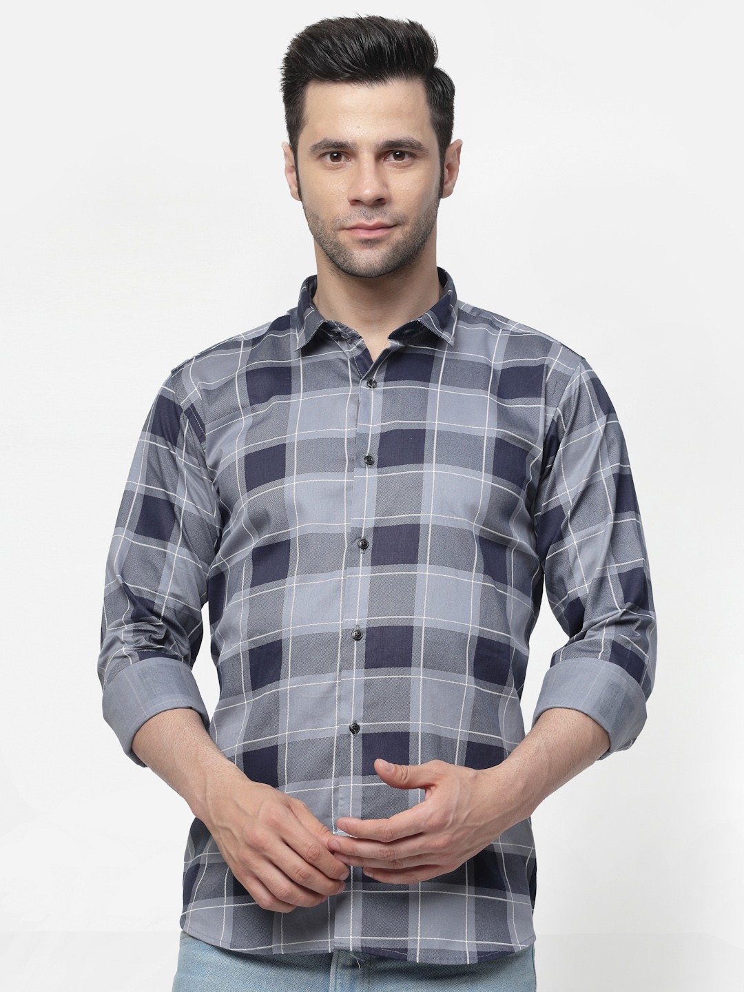 

ADWYN PETER New Windowpane Checked Casual Cotton Shirt, Navy blue