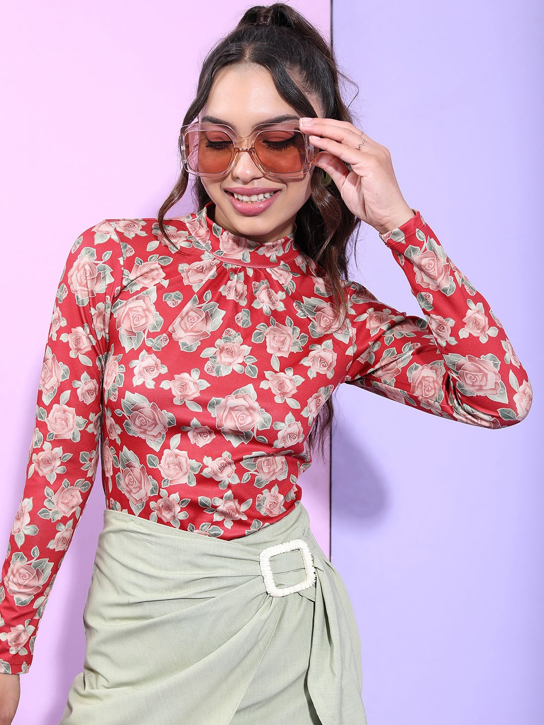

Tokyo Talkies Floral Printed High Neck Cuffed Sleeves Top, Red