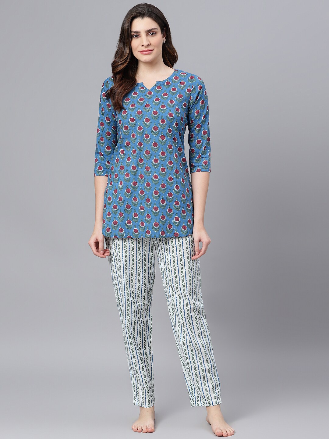 

Idalia Floral Printed Pure Cotton Night Suit, Blue