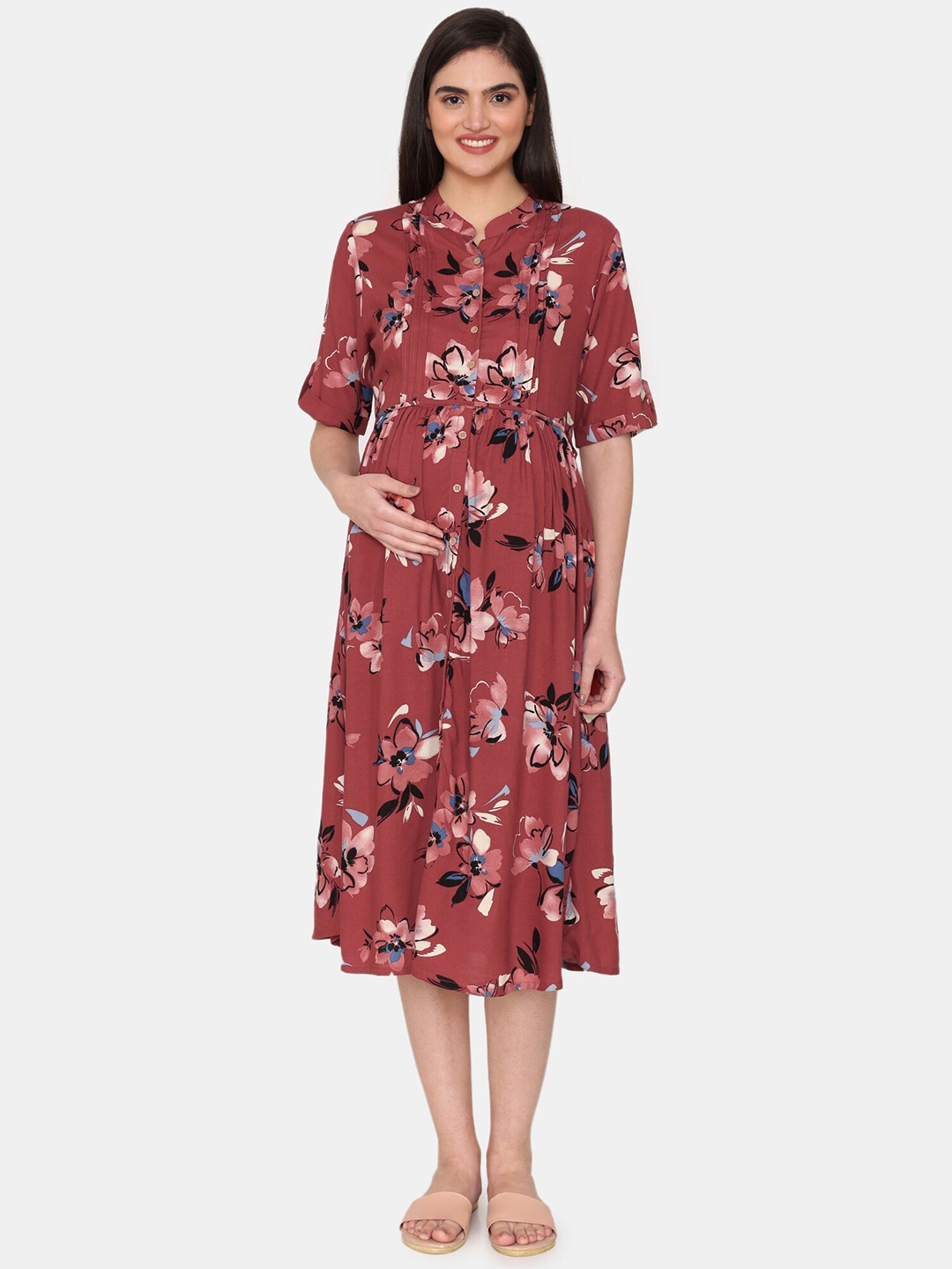 

Coucou by Zivame Floral Print Maternity A-Line Midi Dress, Brown