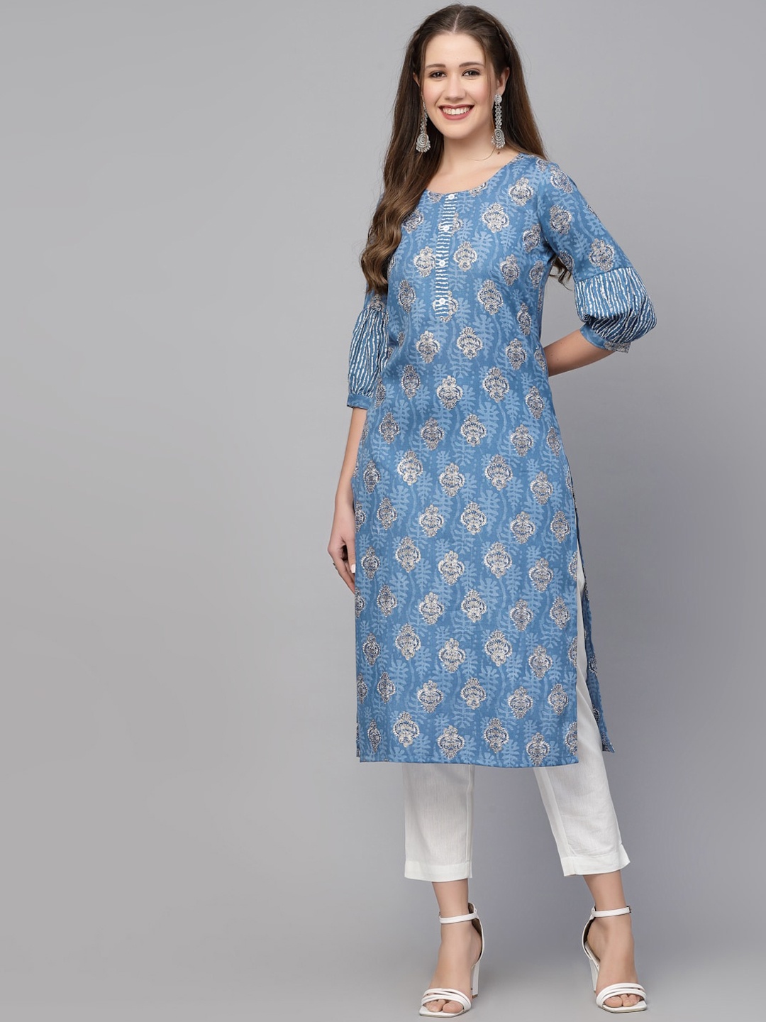 

SKYLEE Blue & Brown Ethnic Motifs Printed Cotton Straight Kurta