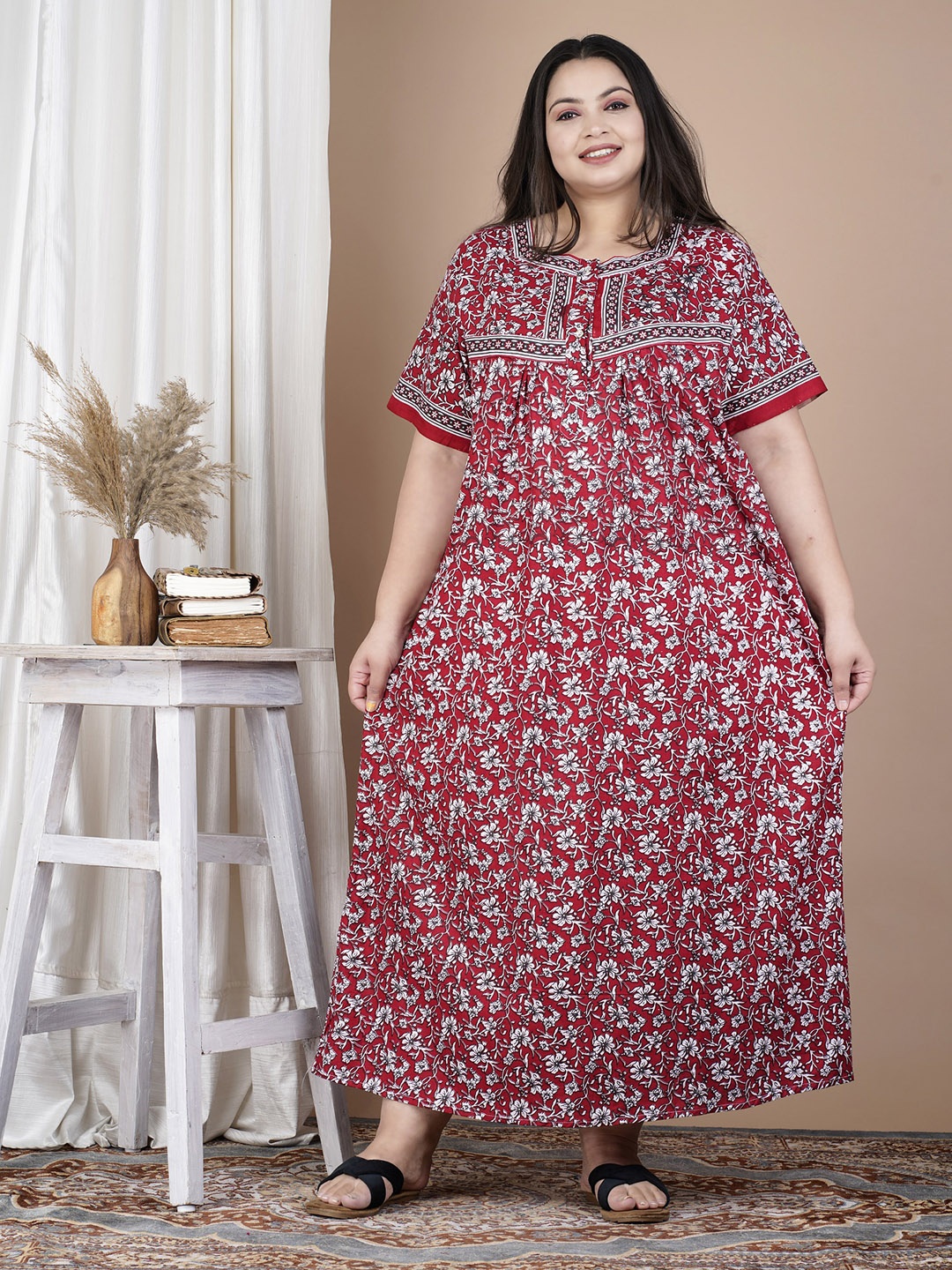 

SP DESIGNS Plus Size Floral Printed Pure Cotton Maxi Nightdress, Maroon