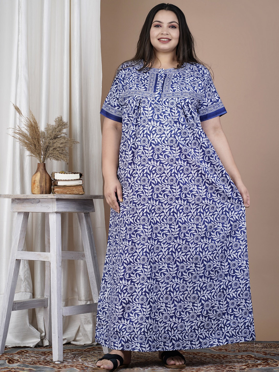 

SP DESIGNS Plus Size Floral Printed Pure Cotton Maxi Nightdress, Blue