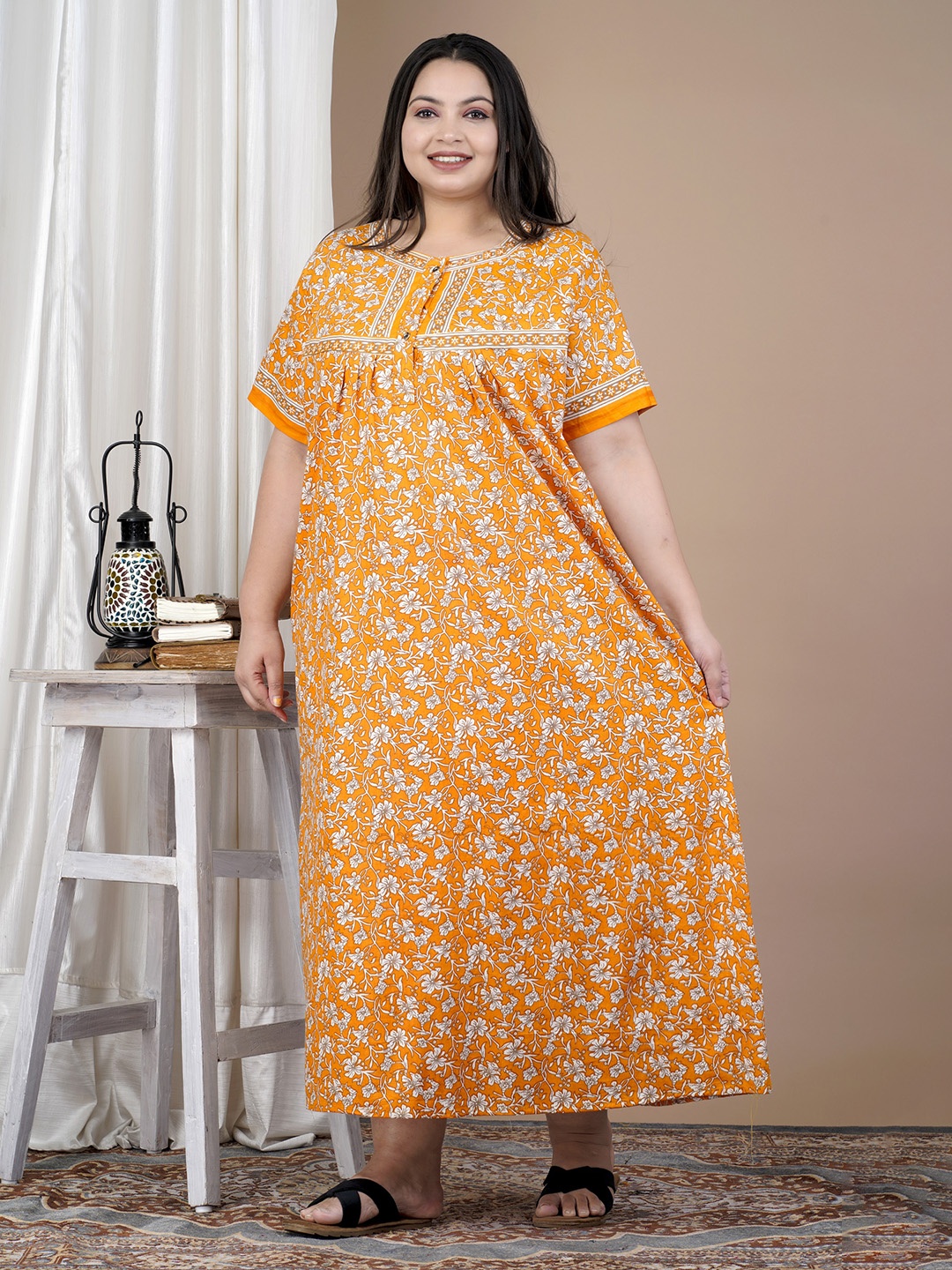 SP DESIGNS Plus Size Floral Printed Pure Cotton Maxi Nightdress, Orange