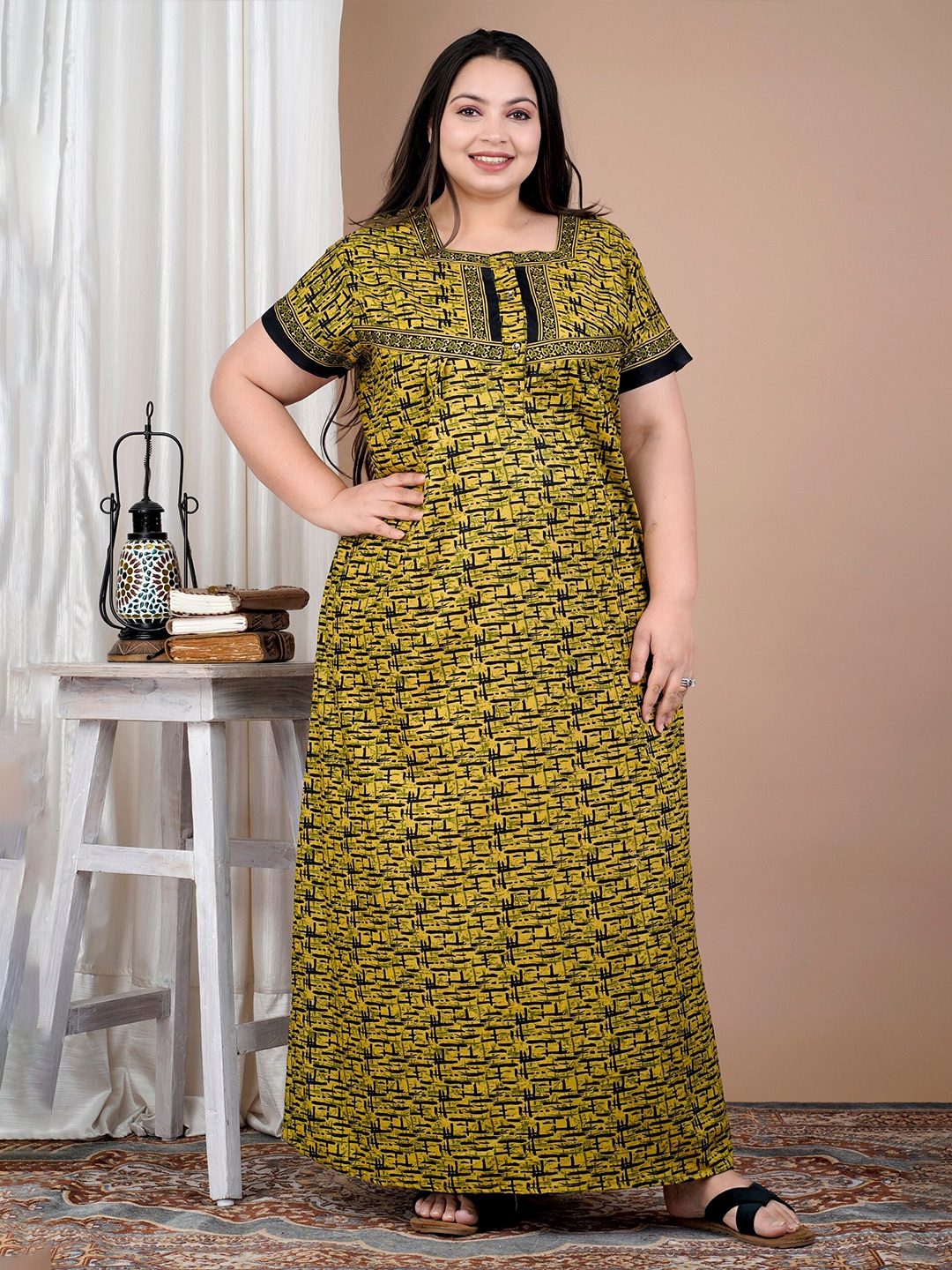 

SP DESIGNS Plus Size Geometric Printed Pure Cotton Maxi Nightdress, Mustard