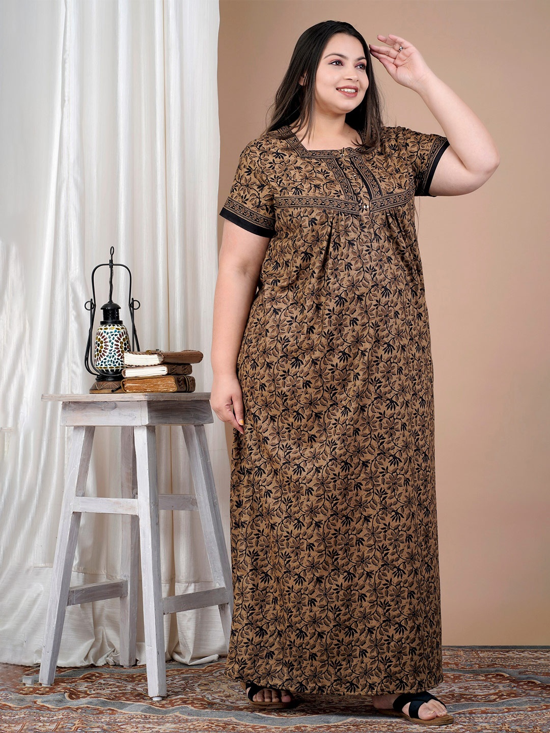 

SP DESIGNS Plus Size Floral Printed Pure Cotton Maxi Nightdress, Brown