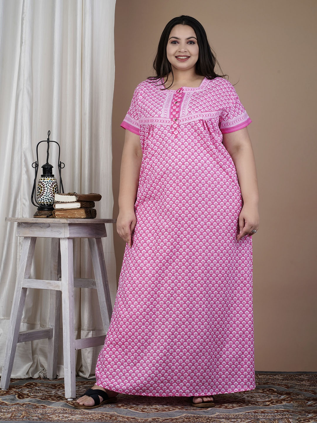 

SP DESIGNS Plus Size Floral Printed Pure Cotton Maxi Nightdress, Pink
