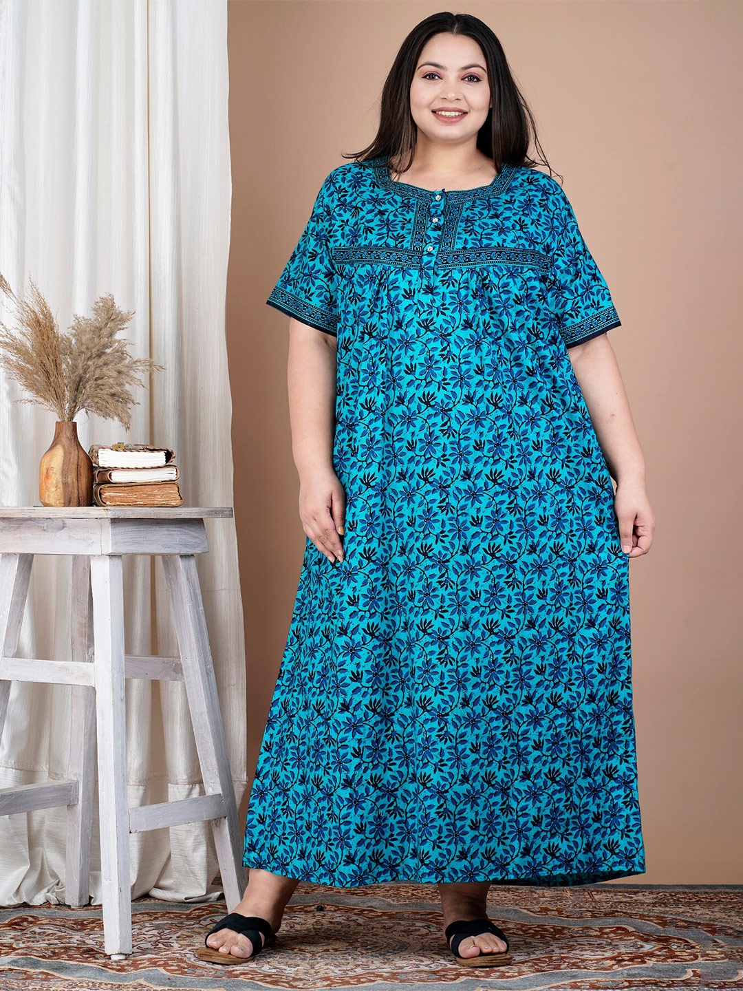 

SP DESIGNS Plus Size Floral Printed Pure Cotton Maxi Nightdress, Blue