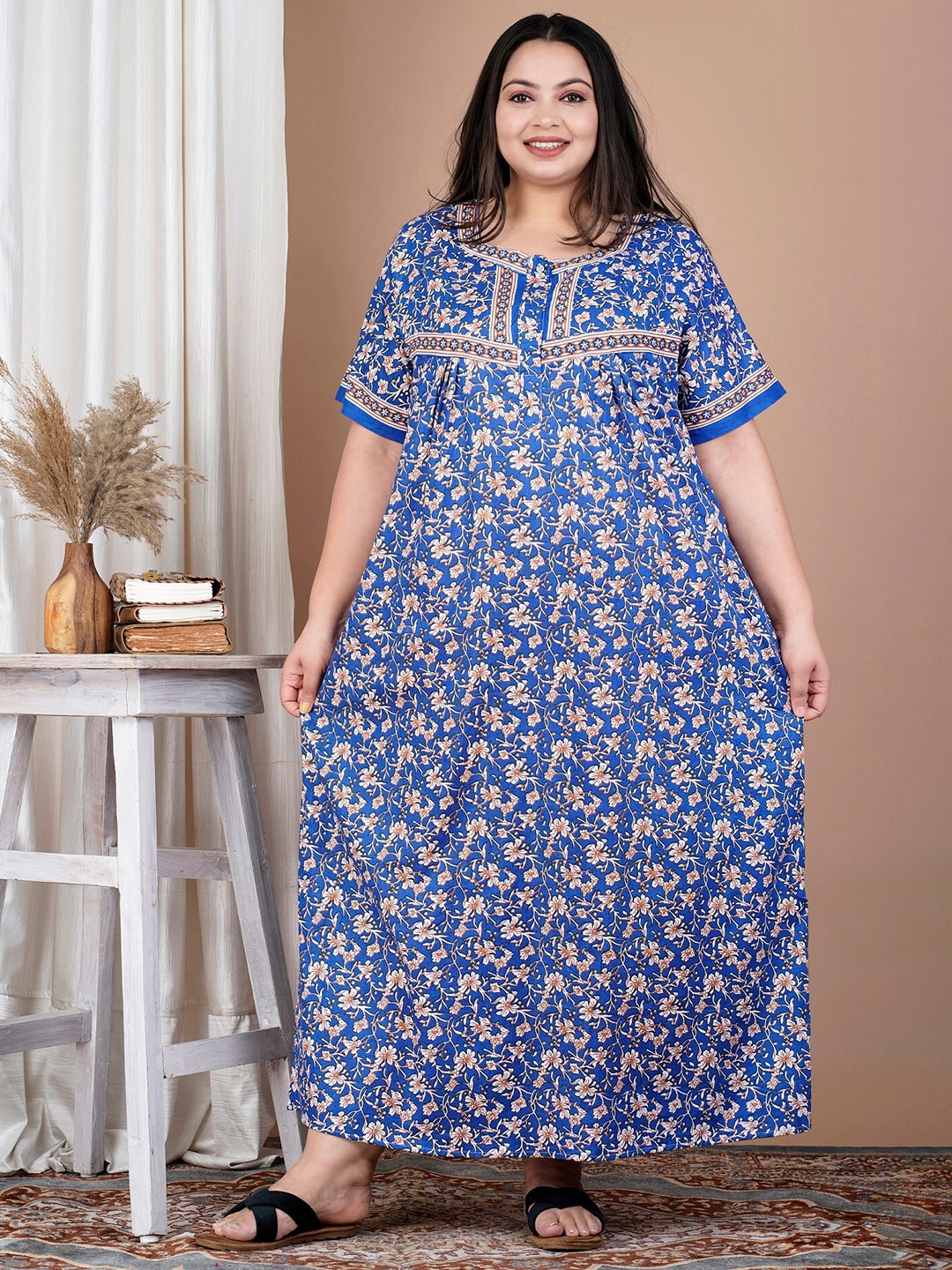 

SP DESIGNS Plus Size Floral Printed Pure Cotton Maxi Nightdress, Blue