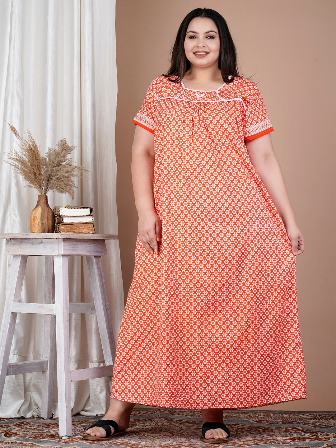 

SP DESIGNS Plus Size Floral Printed Pure Cotton Maxi Nightdress, Orange