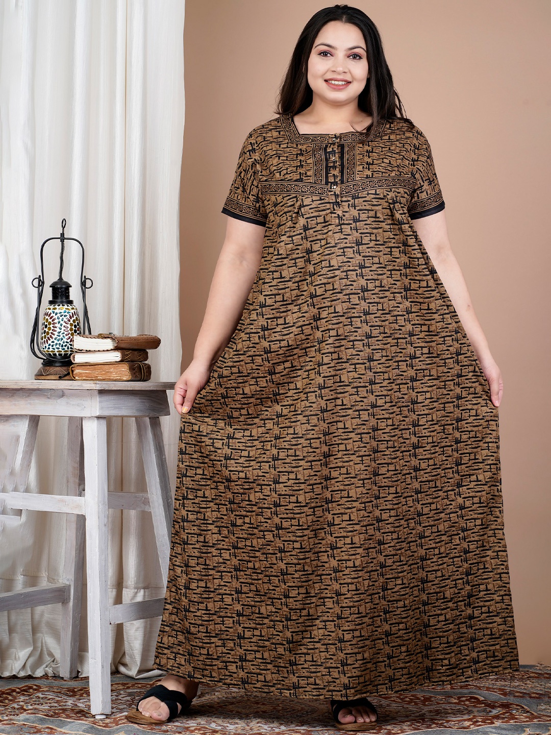 

SP DESIGNS Plus Size Floral Printed Pure Cotton Maxi Nightdress, Brown