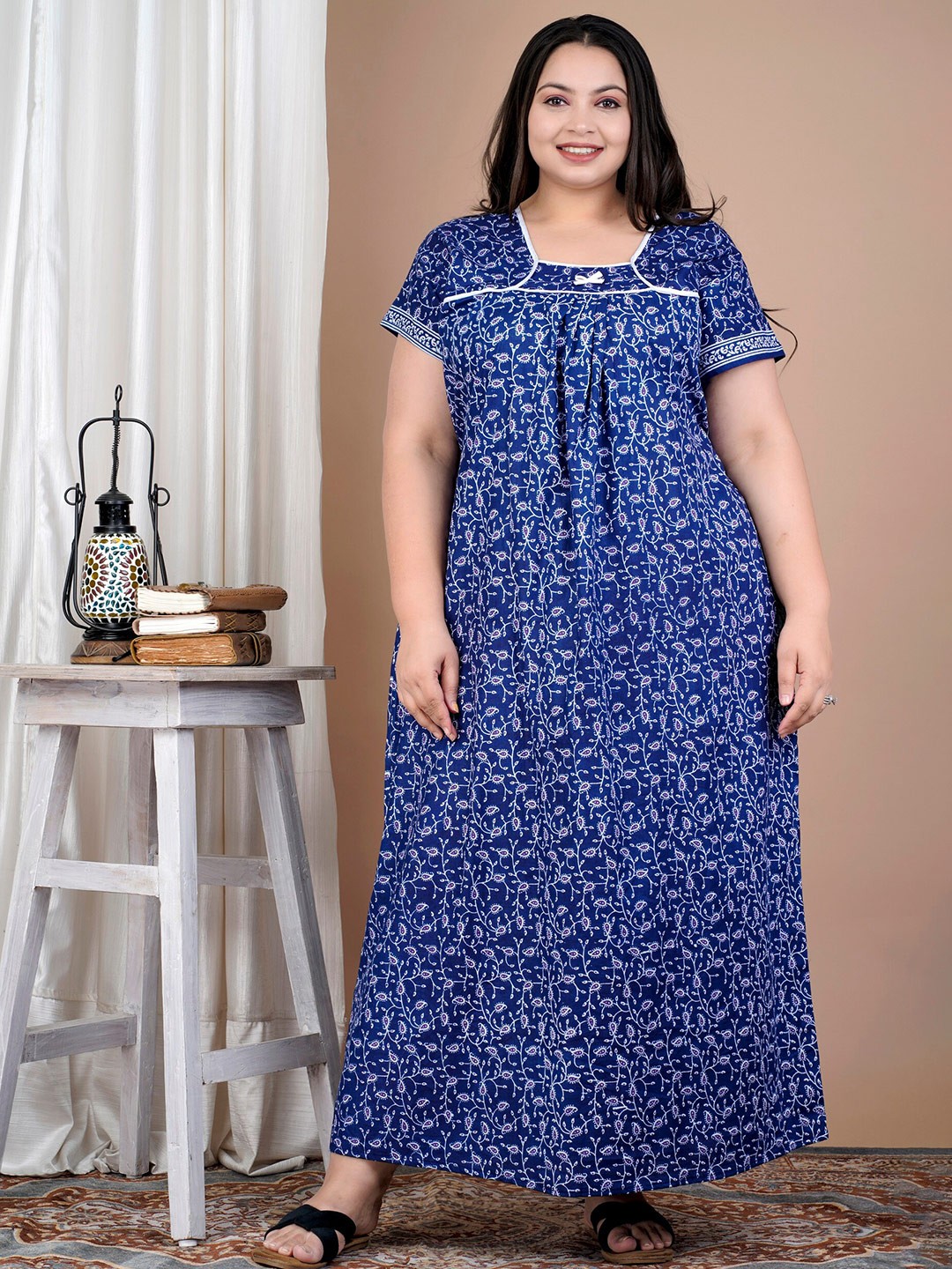 

SP DESIGNS Plus Size Floral Printed Pure Cotton Maxi Nightdress, Navy blue