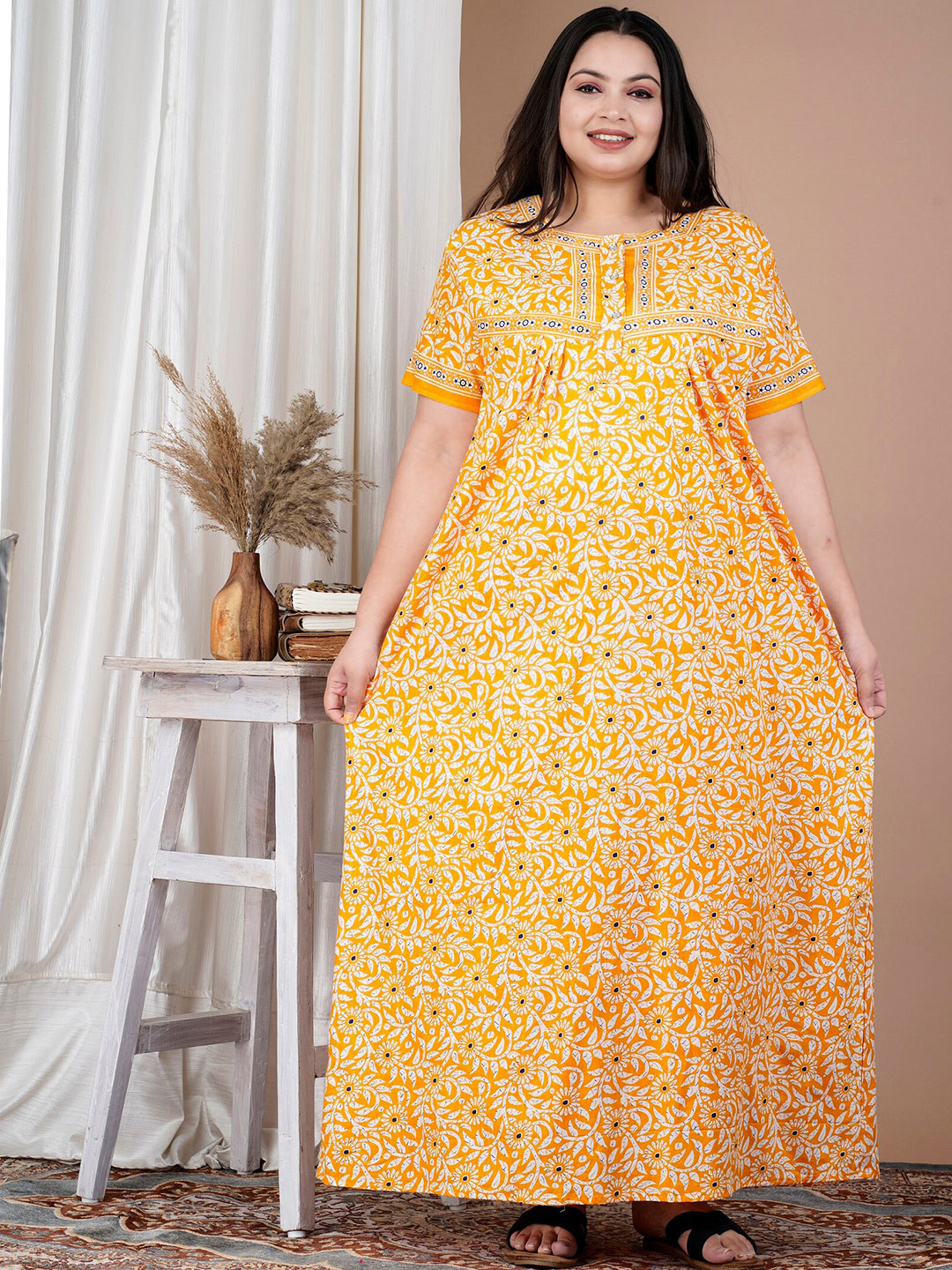 

SP DESIGNS Plus Size Floral Printed Pure Cotton Maxi Nightdress, Yellow