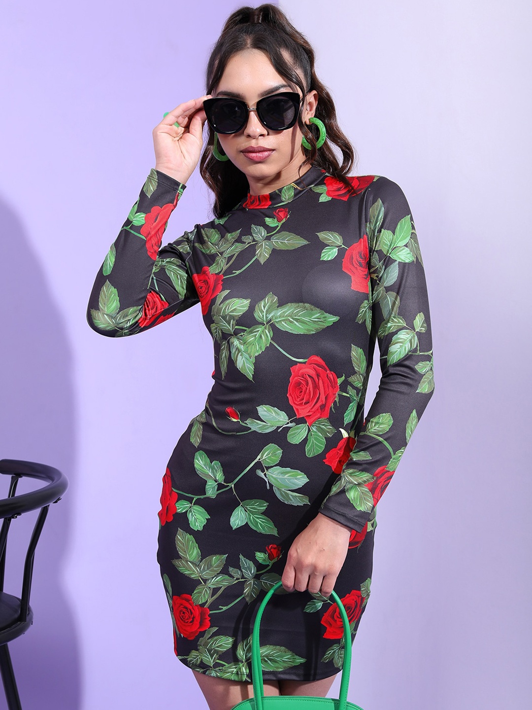 

Tokyo Talkies Black Floral Printed High Neck Bodycon Dress