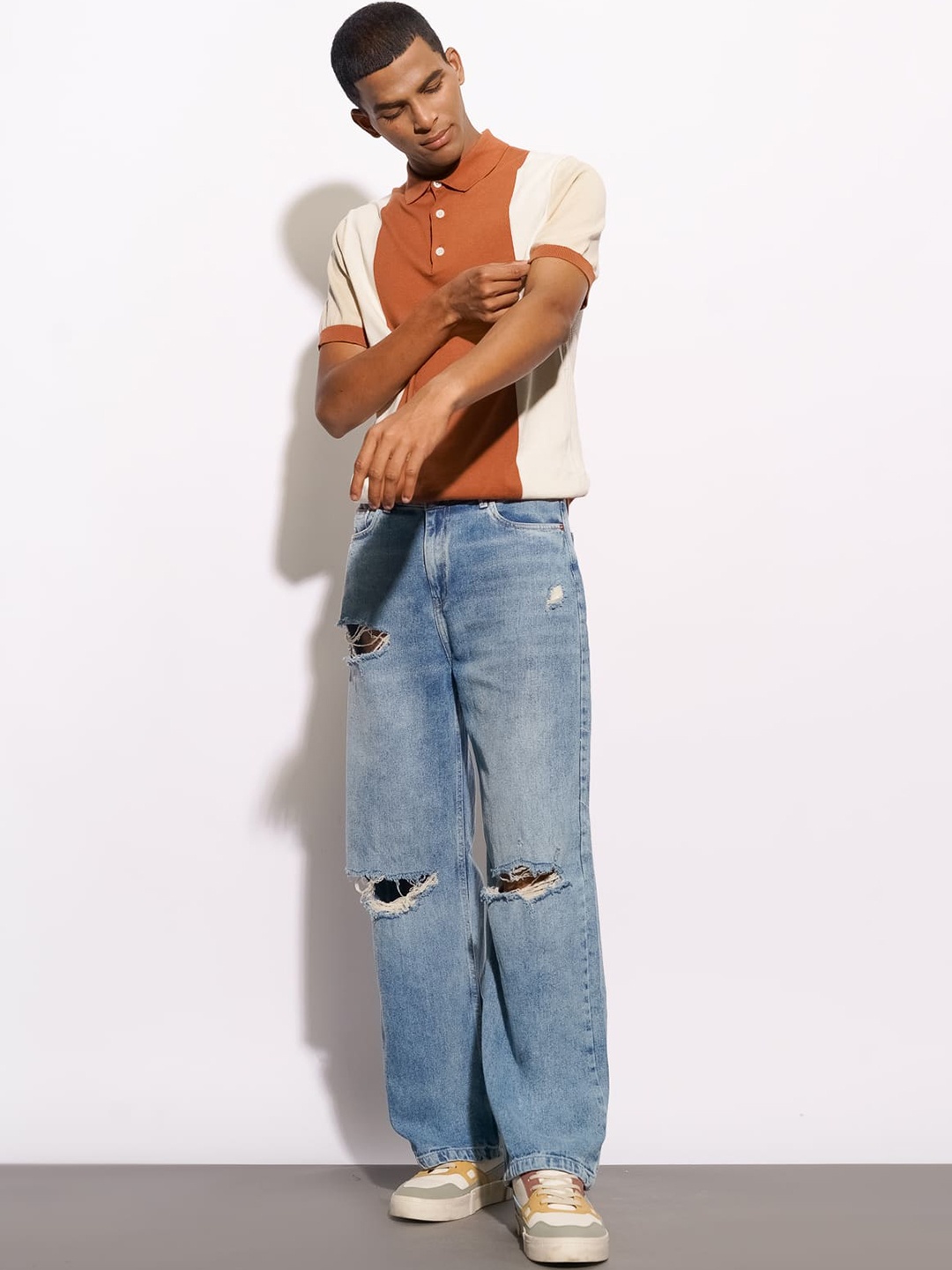 

FREAKINS Men Blue Wide Leg High-Rise Light Fade Ripped Jeans