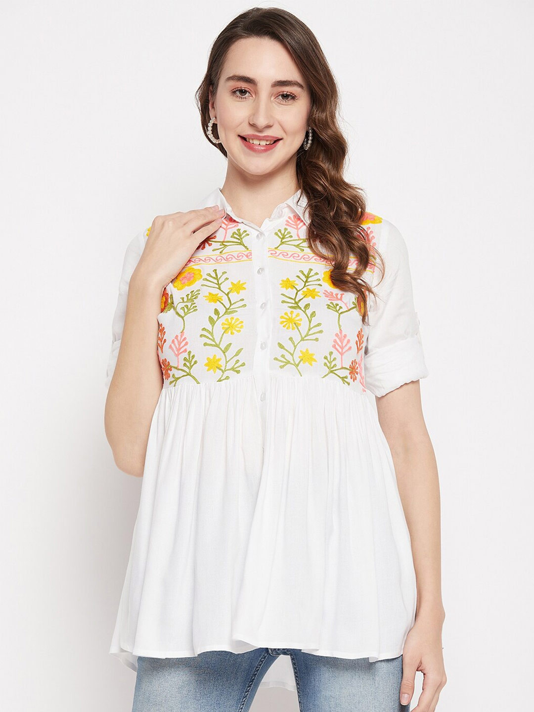 

Ruhaans Floral Embroidered Roll-Up Sleeves Shirt Style Top, White