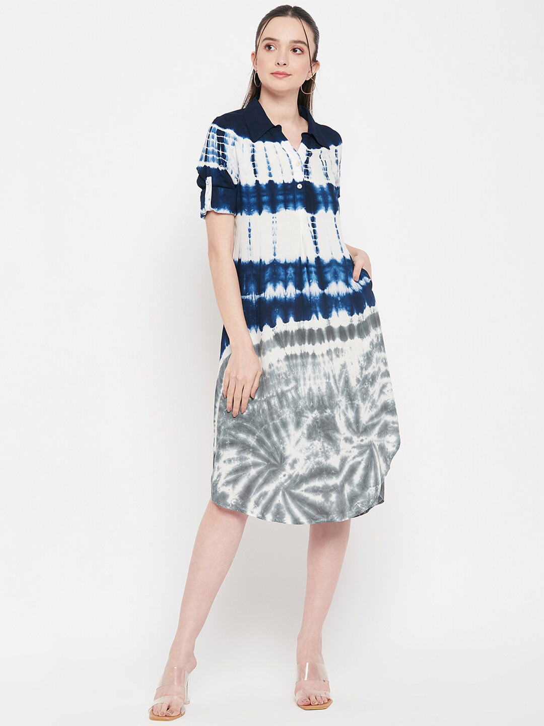 

Ruhaans Tie & Dye Roll-Up Sleeves A-Line Midi Dress, White