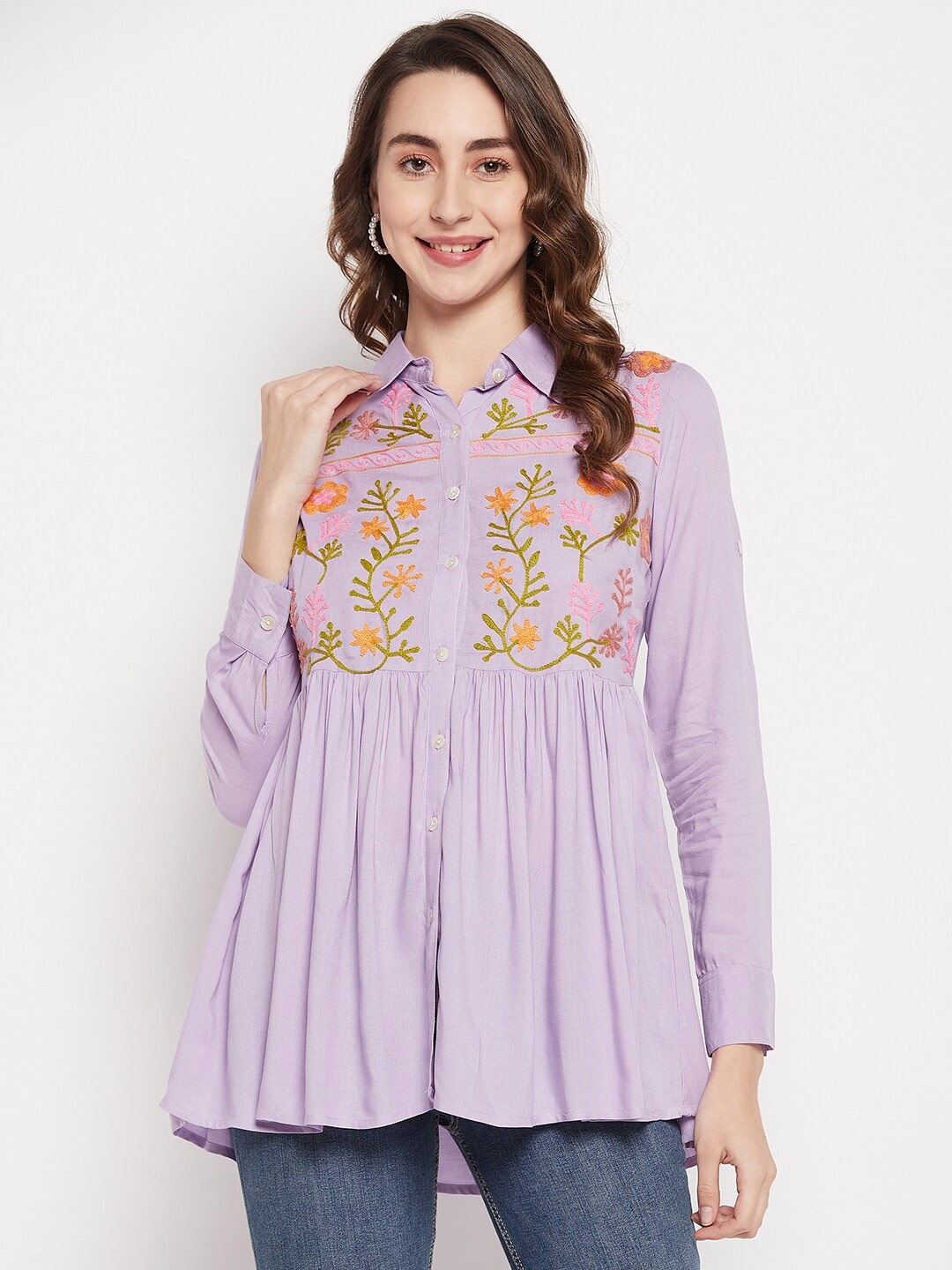 

Ruhaans Floral Embroidered Roll-Up Sleeves Shirt Style Top, Lavender