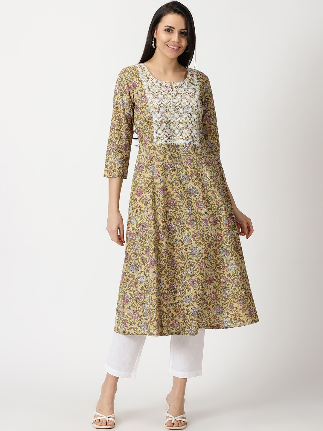 

Saffron Threads Floral Printed Pure Cotton Kurta with Chikankari Embroidery, Yellow