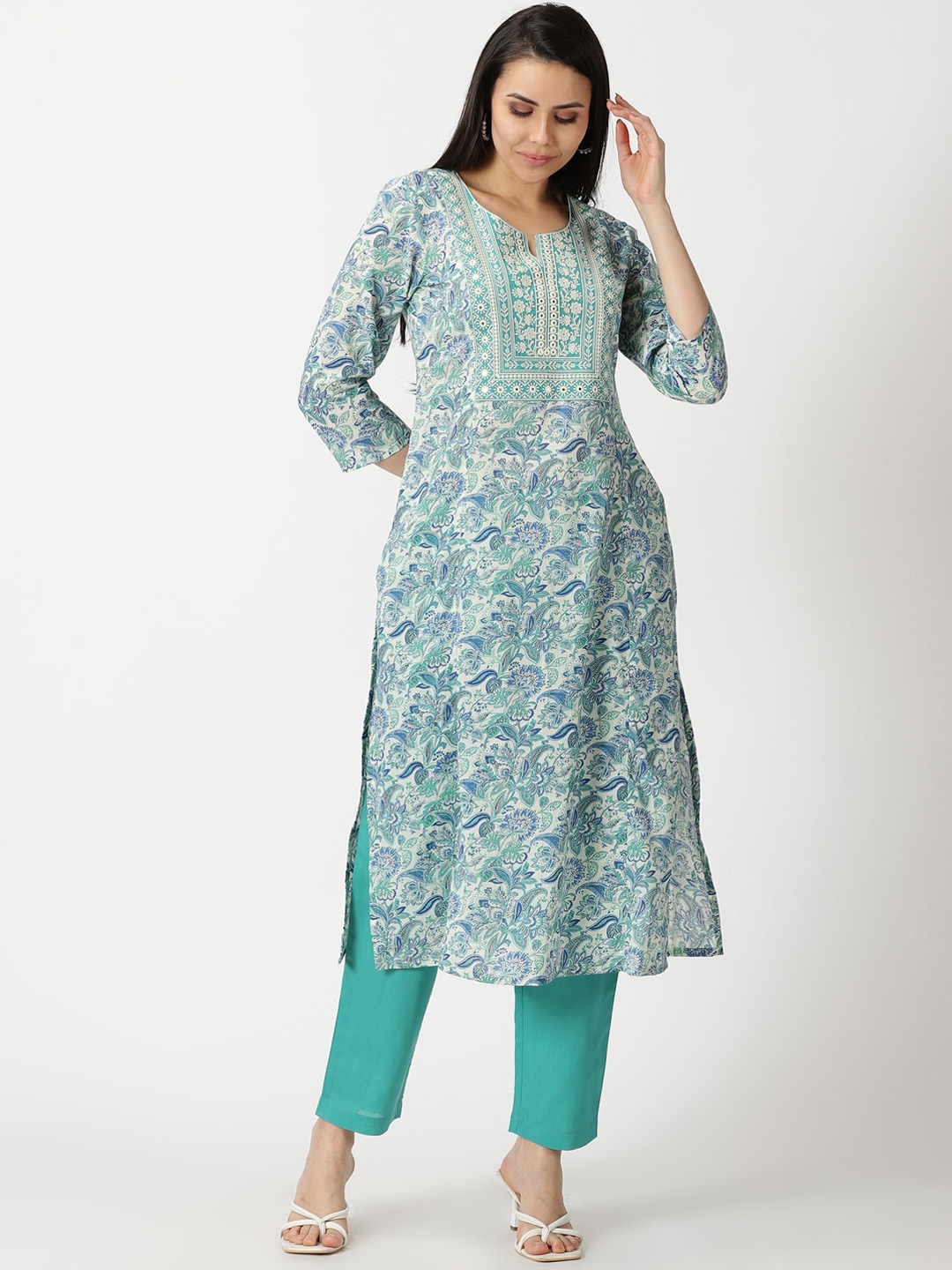 

Saffron Threads Floral Printed Thread Work Pure Cotton Kurta, Sea green