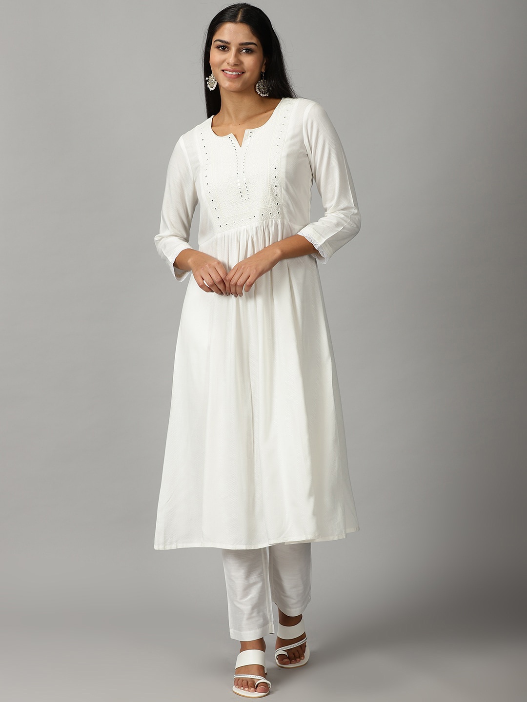 

Saffron Threads Embroidered Dobby A-line Kurta, Off white