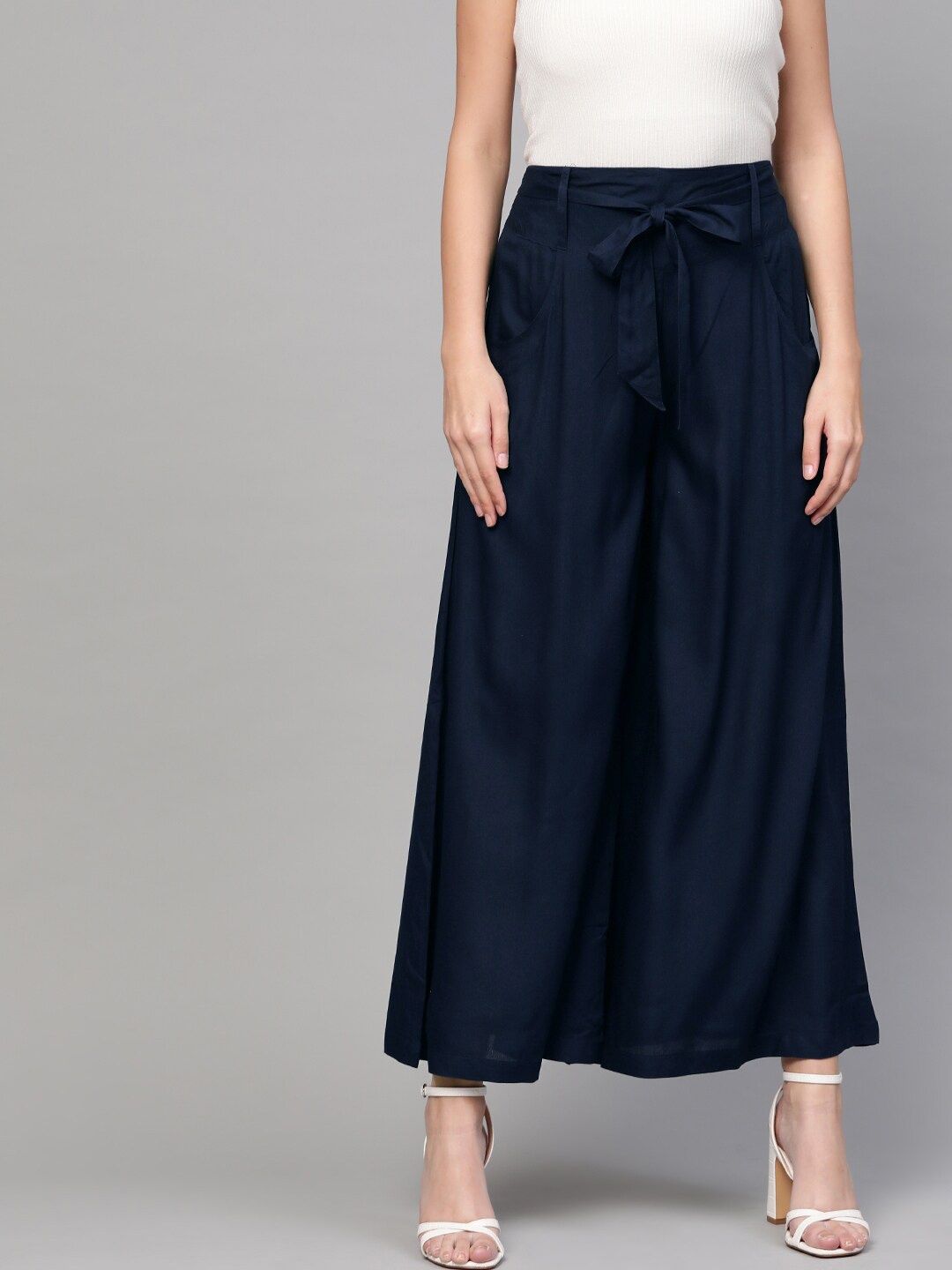 

Idalia Women Waist Tie-Up Wide-Leg Palazzos, Navy blue
