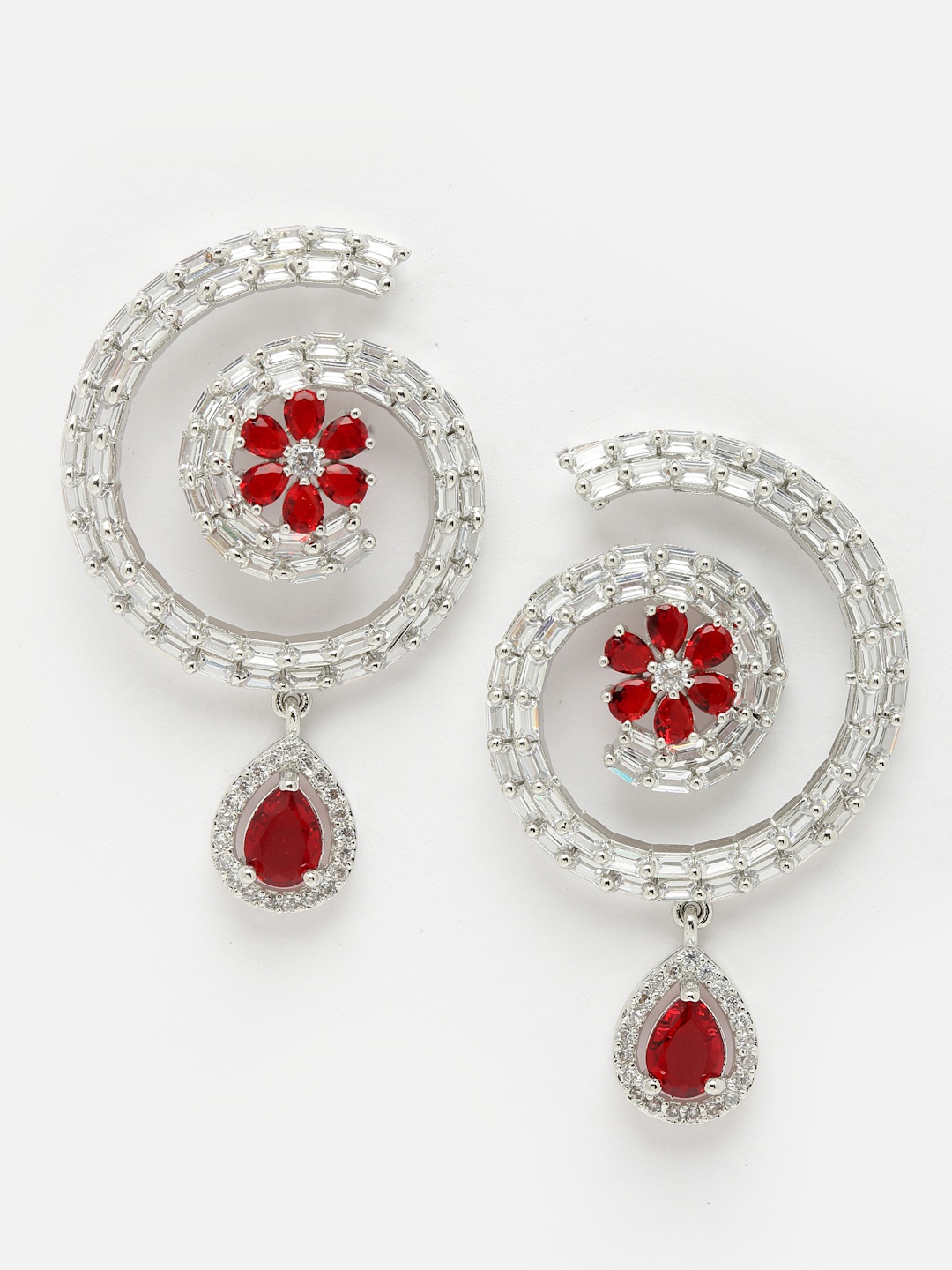 

Aazeen Rhodium-Plated Circular Drop Earrings, Red