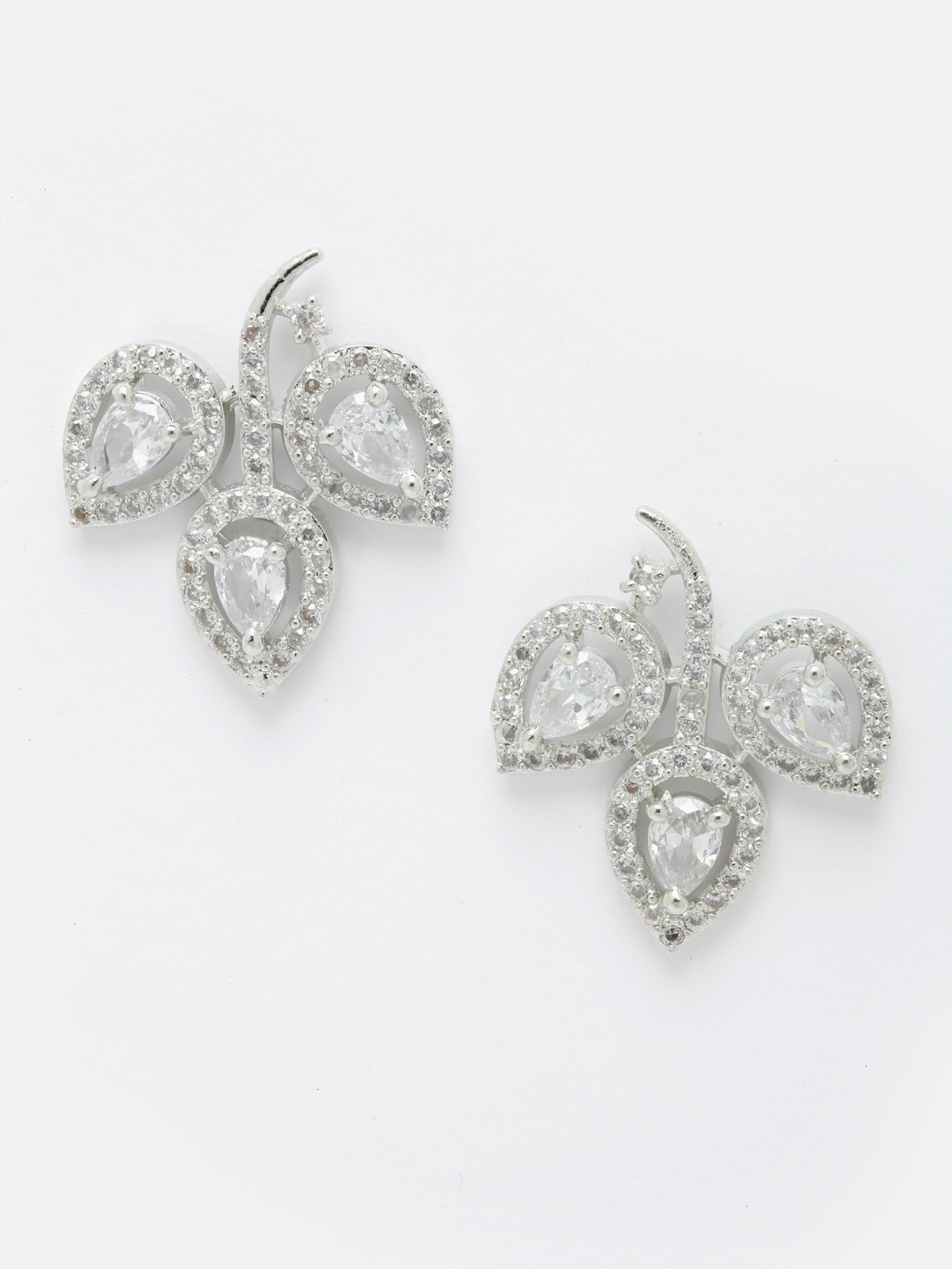 

Aazeen Rhodium-Plated Leaf Shaped AD Studded Studs Earrings, Silver