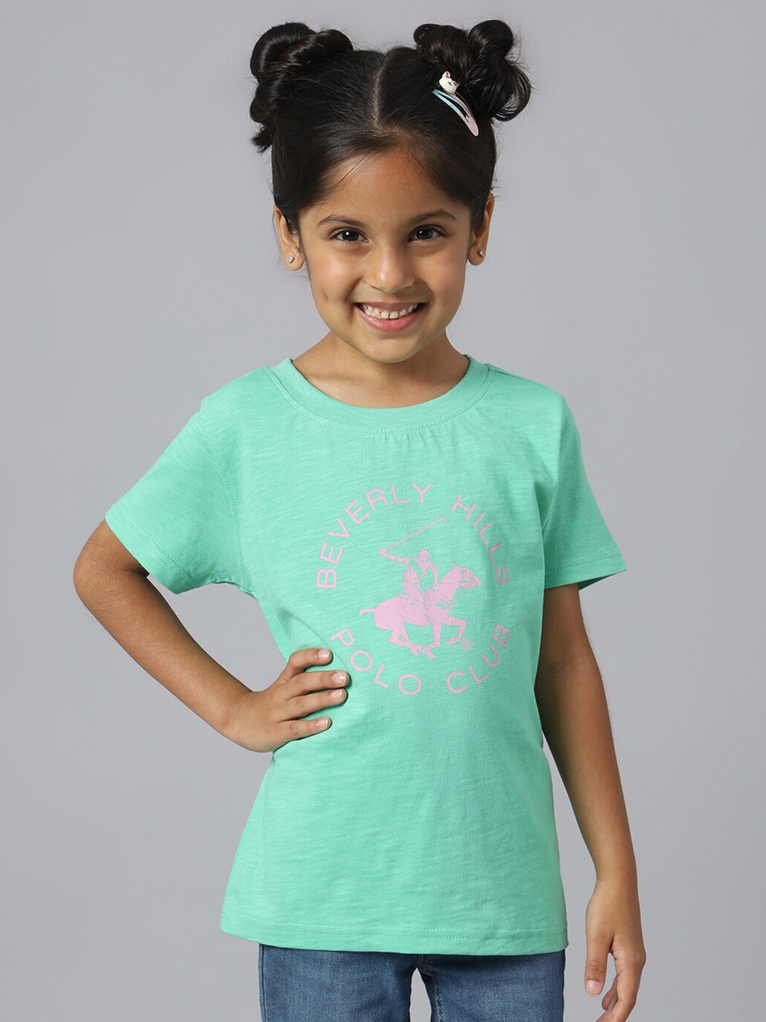 Beverly Hills Polo Club Girls Typography Pure Cotton Neck T-shirt, Green