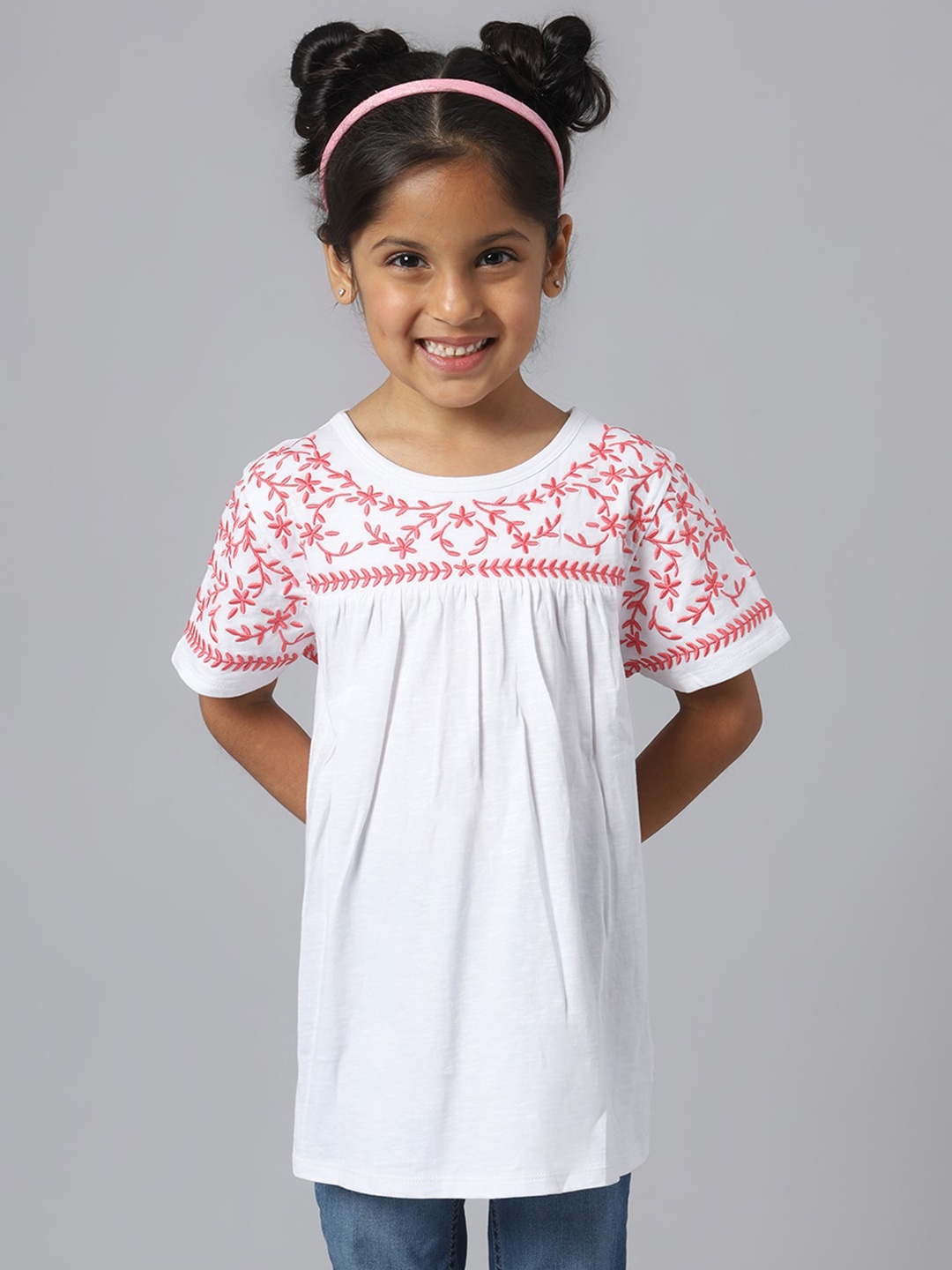 

Beverly Hills Polo Club Girls Floral Embroidered Gathered Detail Pure Cotton Top, White