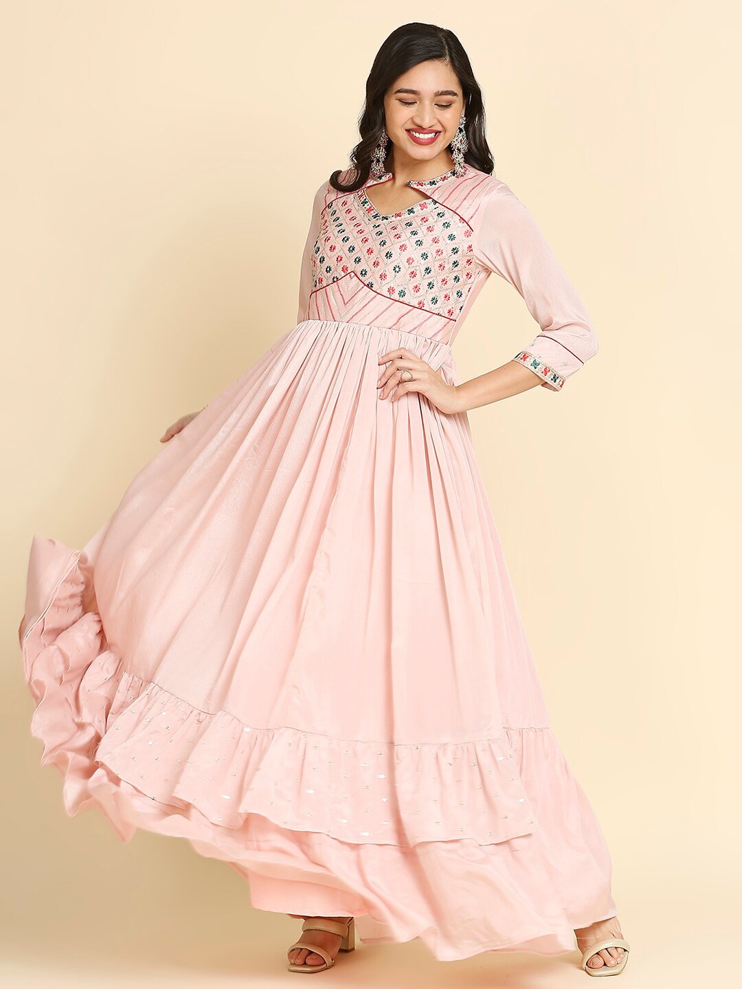 

MADHURAM Ethnic Motif Embroidered Fit & Flare Ethnic Dress, Pink