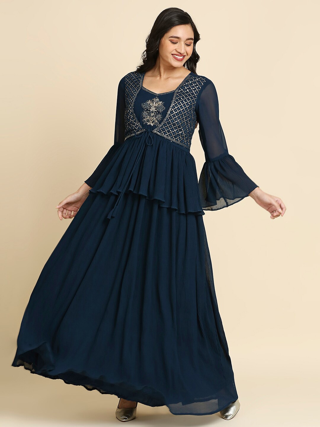 

MADHURAM Floral Embroidered Accordion Pleats Layered Maxi Dress, Navy blue