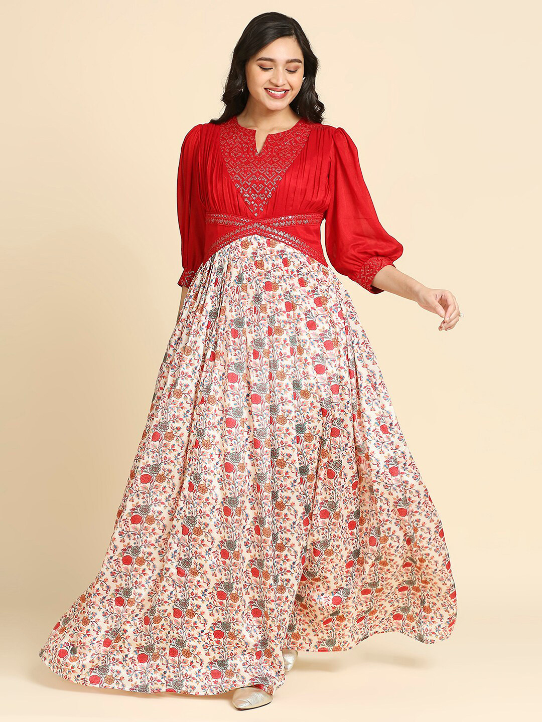 

MADHURAM Floral Printed Embellished Fit & Flare Maxi Dress, Red