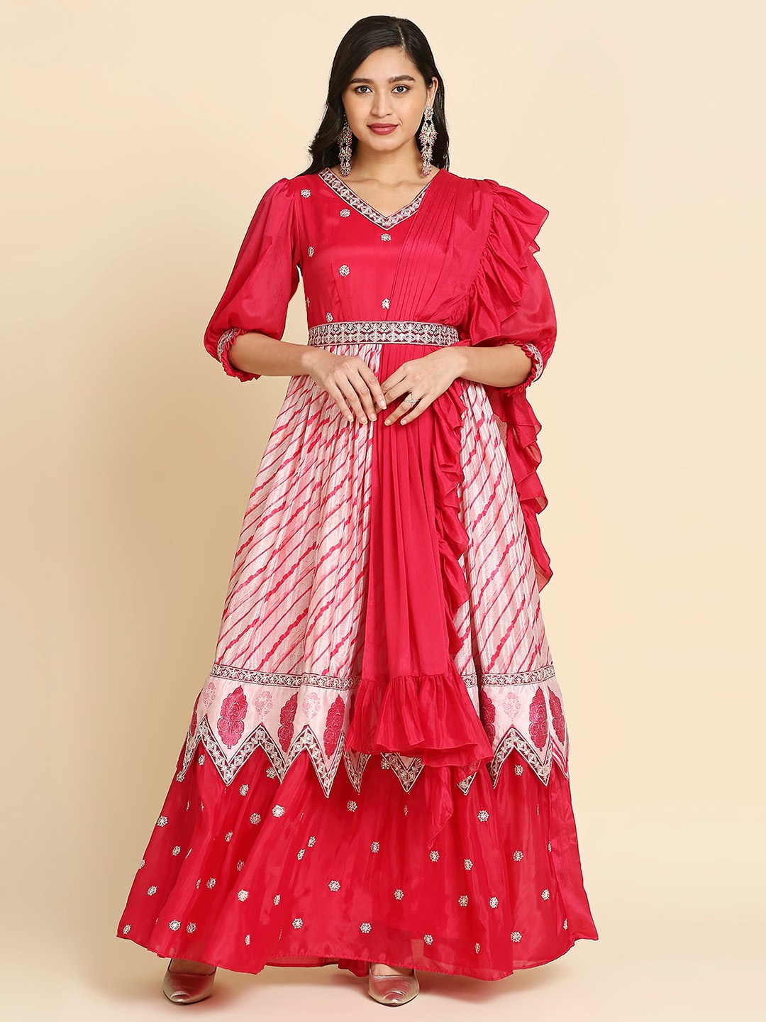 

MADHURAM Tie And Dye Embroidered Chiffon Maxi Ethnic Dress With Belt, Pink