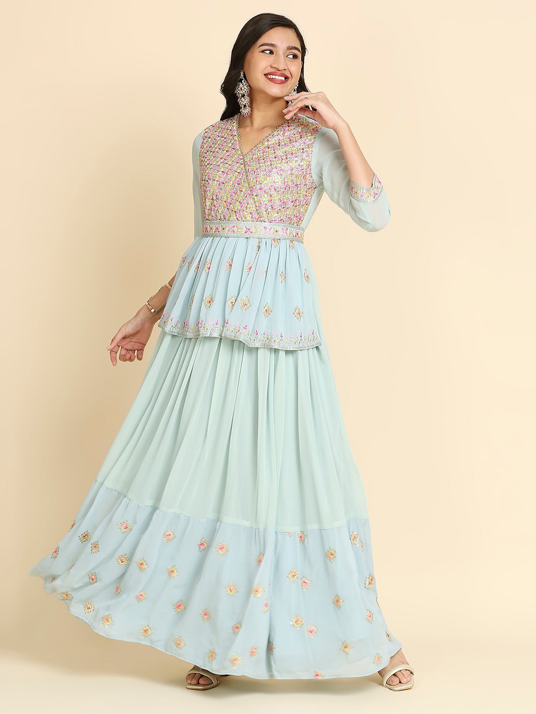 

MADHURAM Floral Embroidered Georgette Maxi Ethnic Dress With Belt, Blue