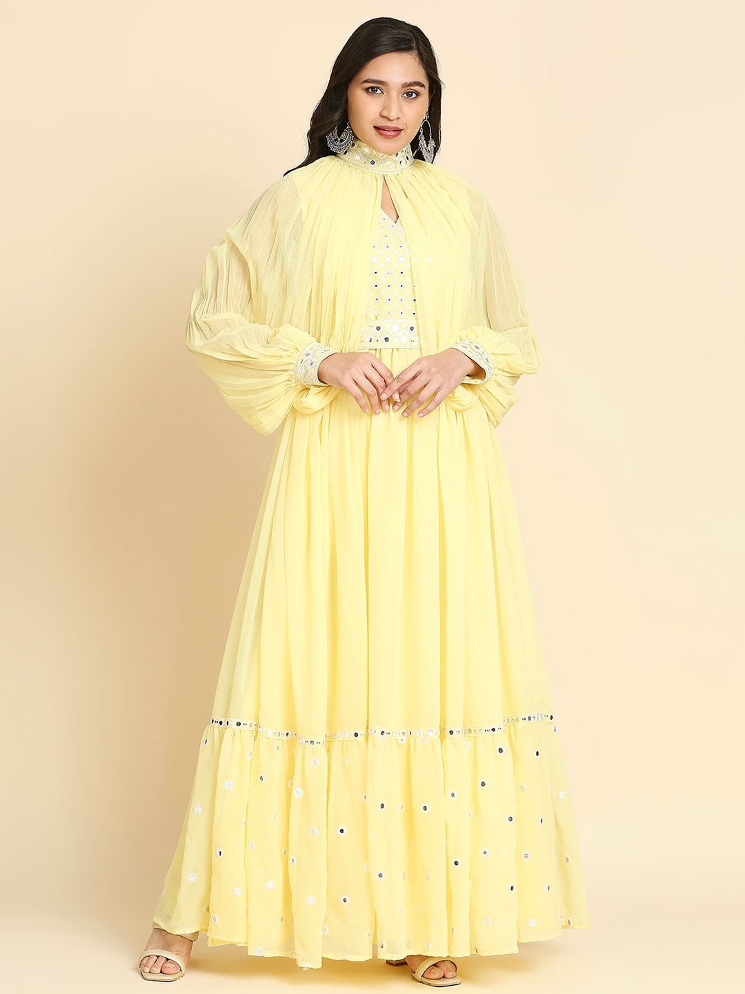 

MADHURAM Ethnic Motif Embroidered Fit & Flare Maxi Ethnic Dress With Cover Up Top, Yellow
