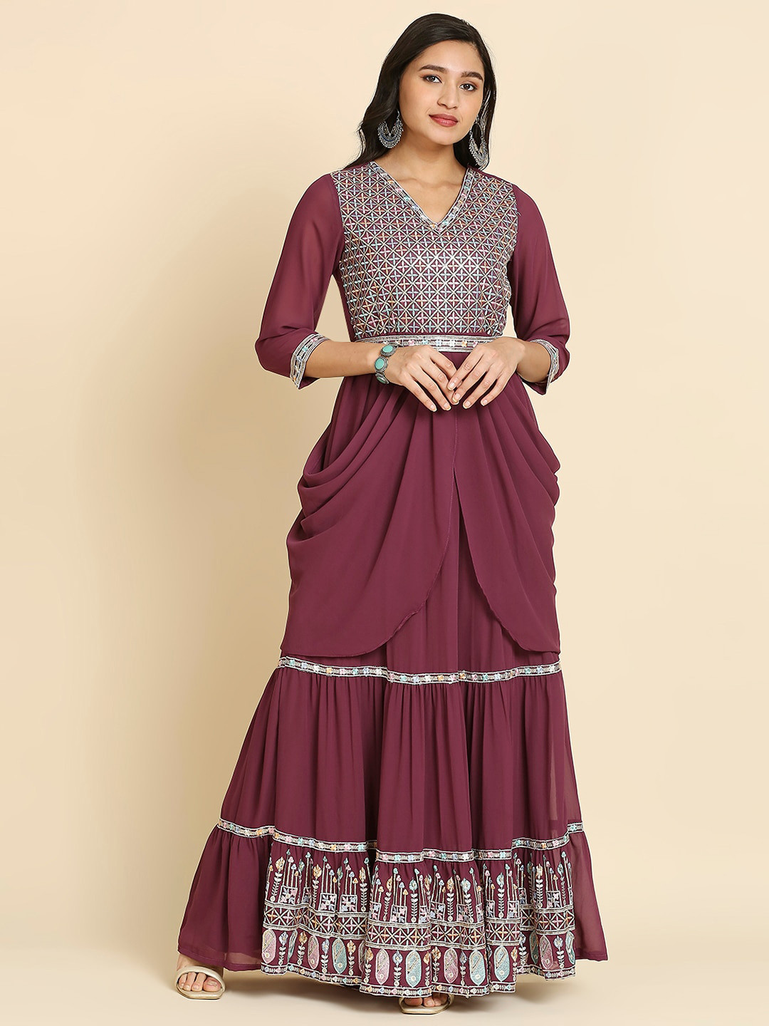 

MADHURAM Embroidered Fit & Flare Maxi ethnic Dress With Belt, Burgundy