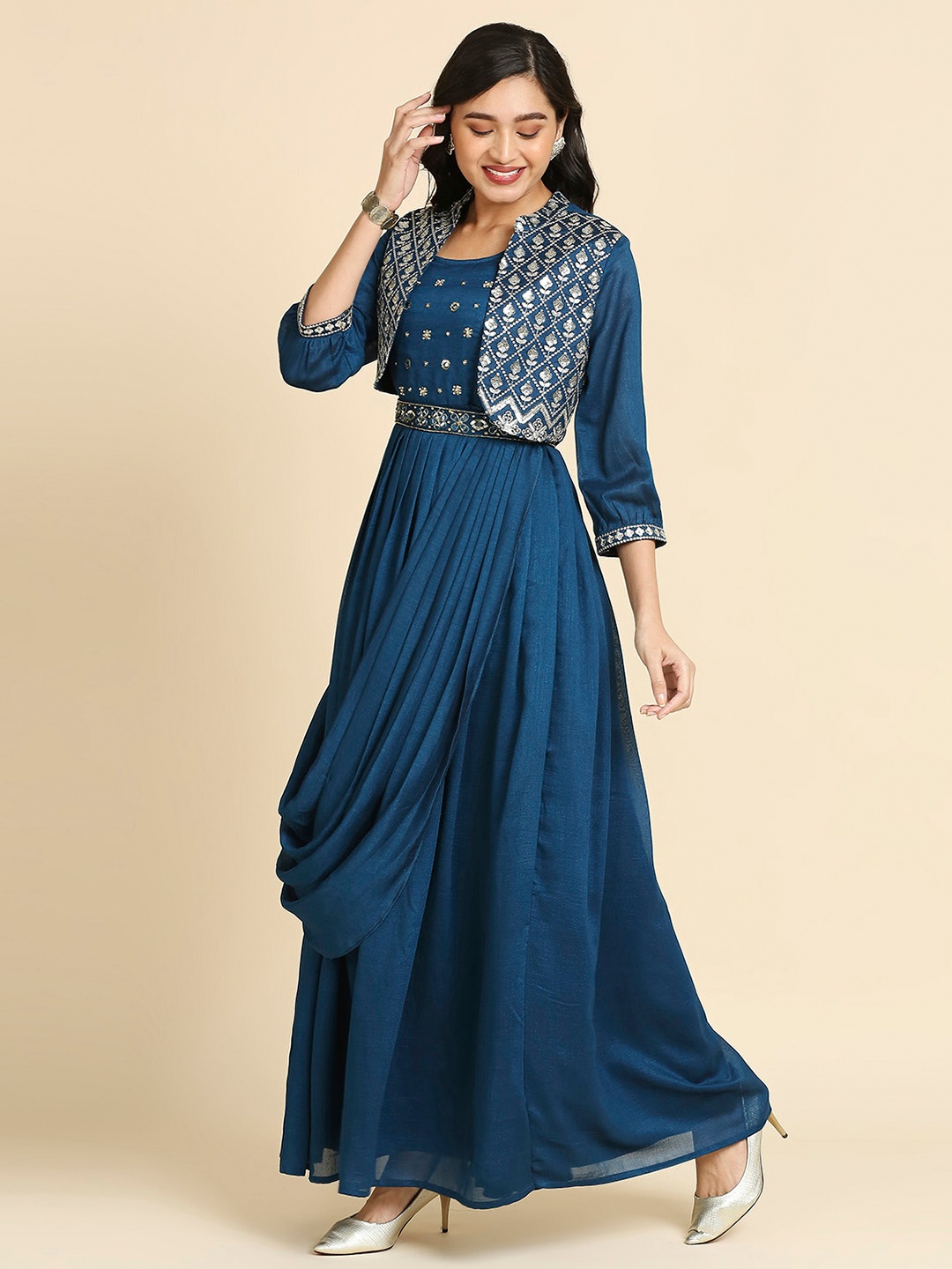 

MADHURAM Embroidered Silk Satin Fit & Flare Maxi ethnic Dress With Jacket & Belt, Blue