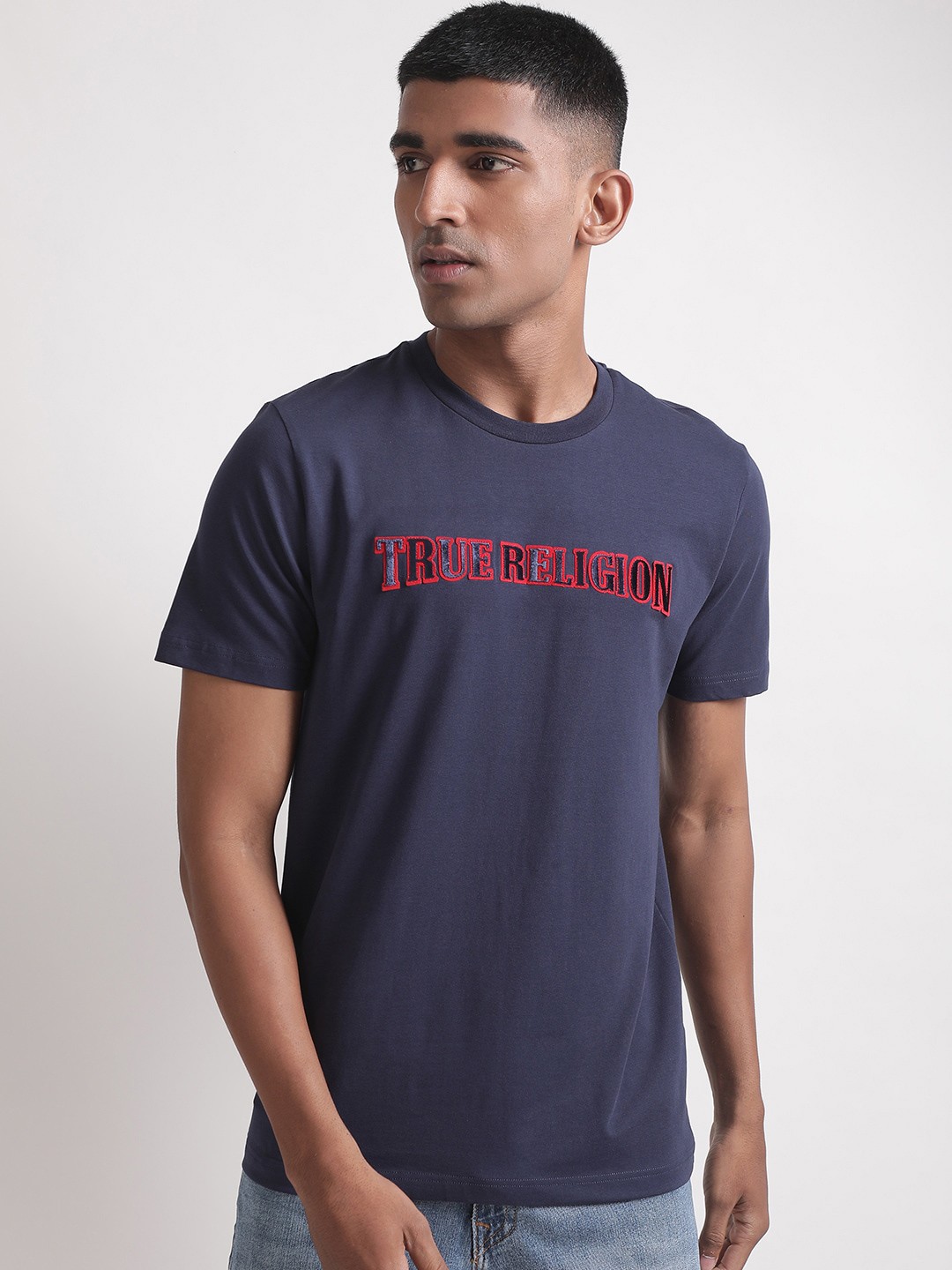 

True Religion Typography Applique Cotton T-shirt, Navy blue