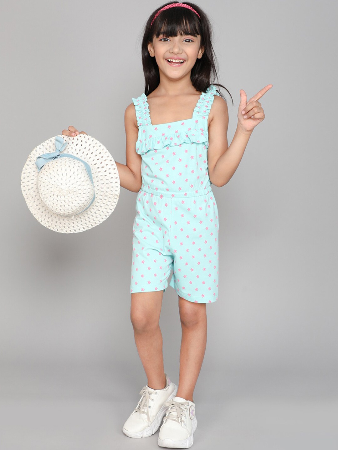 

Little Angels Girls Star Printed Square Neck Cotton Playsuit, Blue