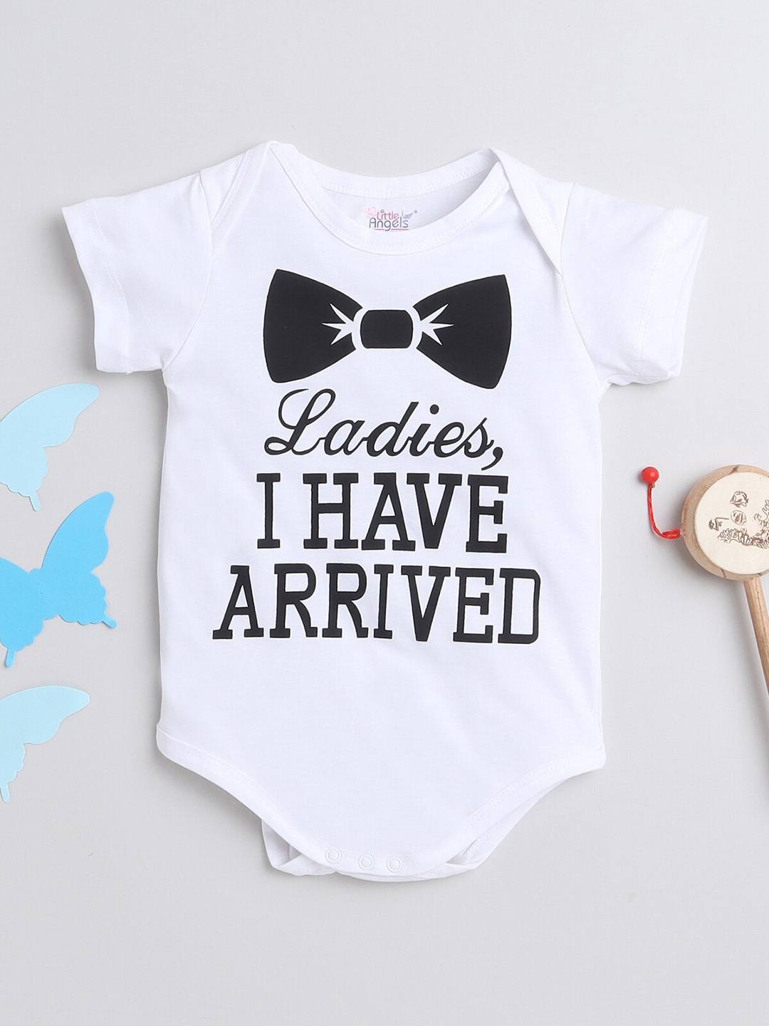 

Little Angels Infants Printed Cotton Bodysuit, White